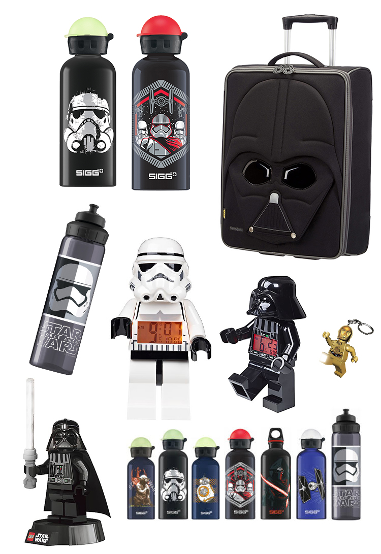 Star Wars vattenflaska, resväska, nyckelringslampa, väckarklocka och skrivbordslampa.
